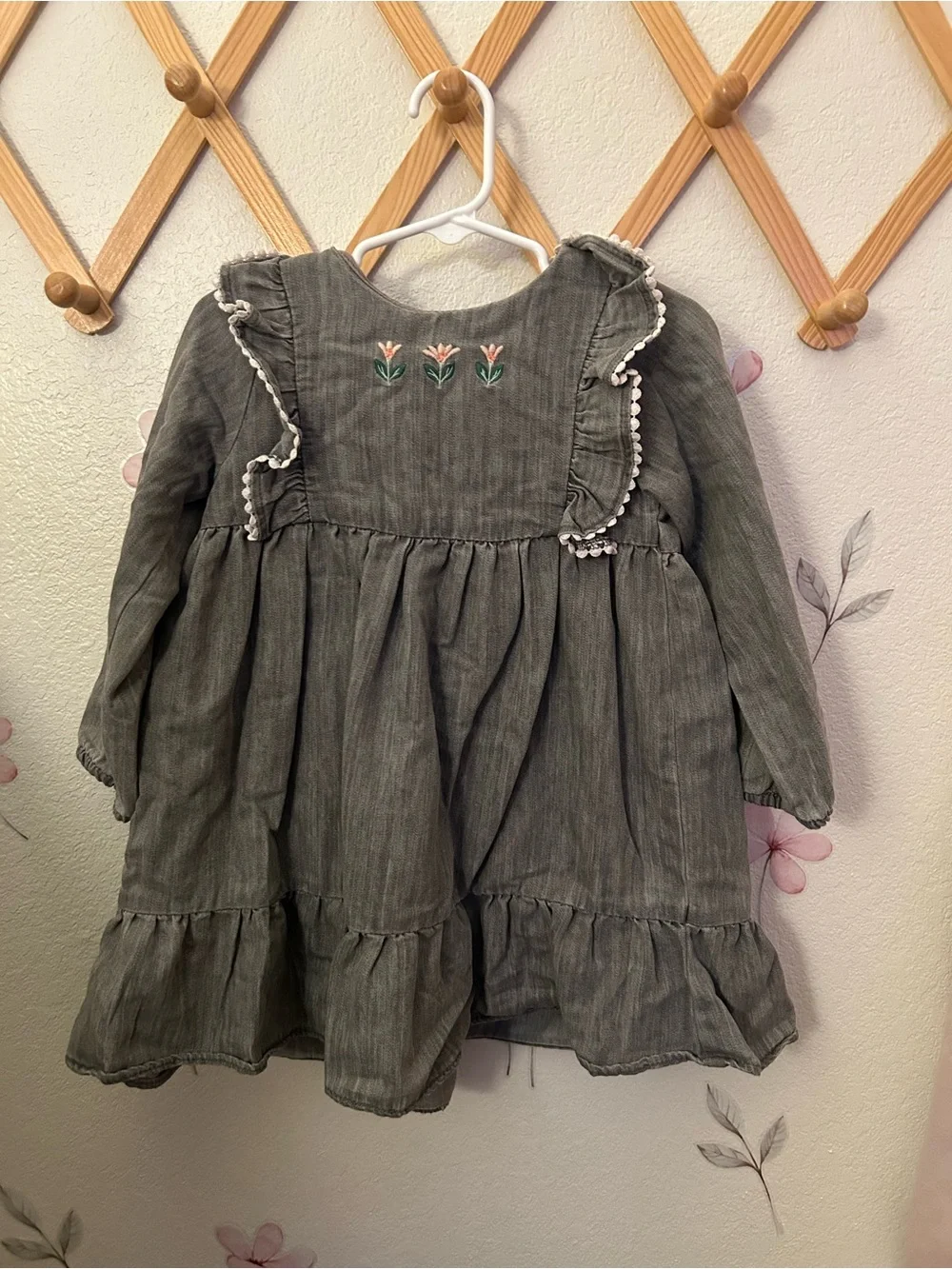 H&M Olive Green Long-Sleeve Ruffle Dress with Floral Embroidery